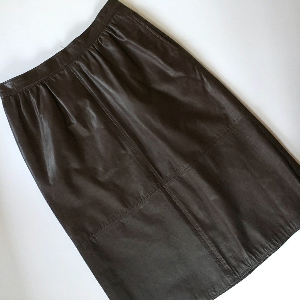 Vintage brown leather A-line midi skirt